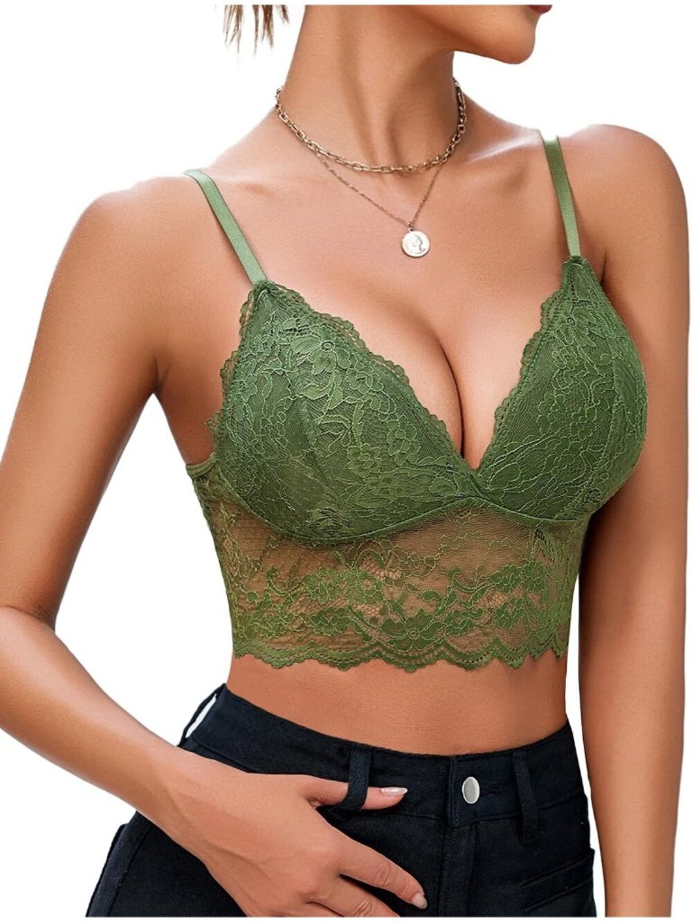 Women's Olive Longline Lace Bralette V Neck Spaghetti Strap Bustier Corset Top